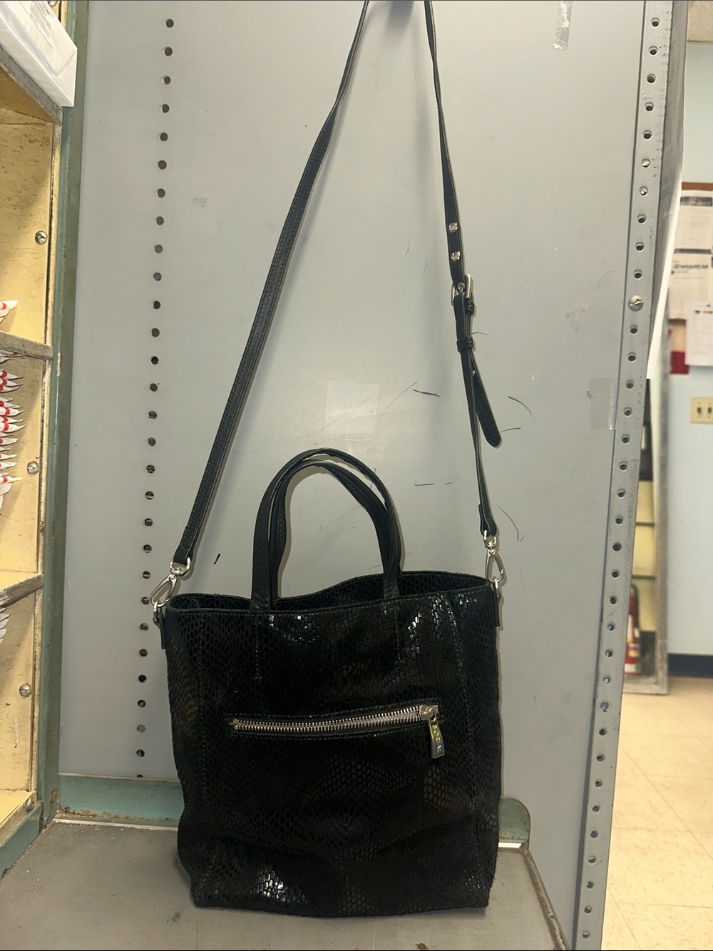 Sorial Black Patent Snake-Texture Tote with Removable Strap